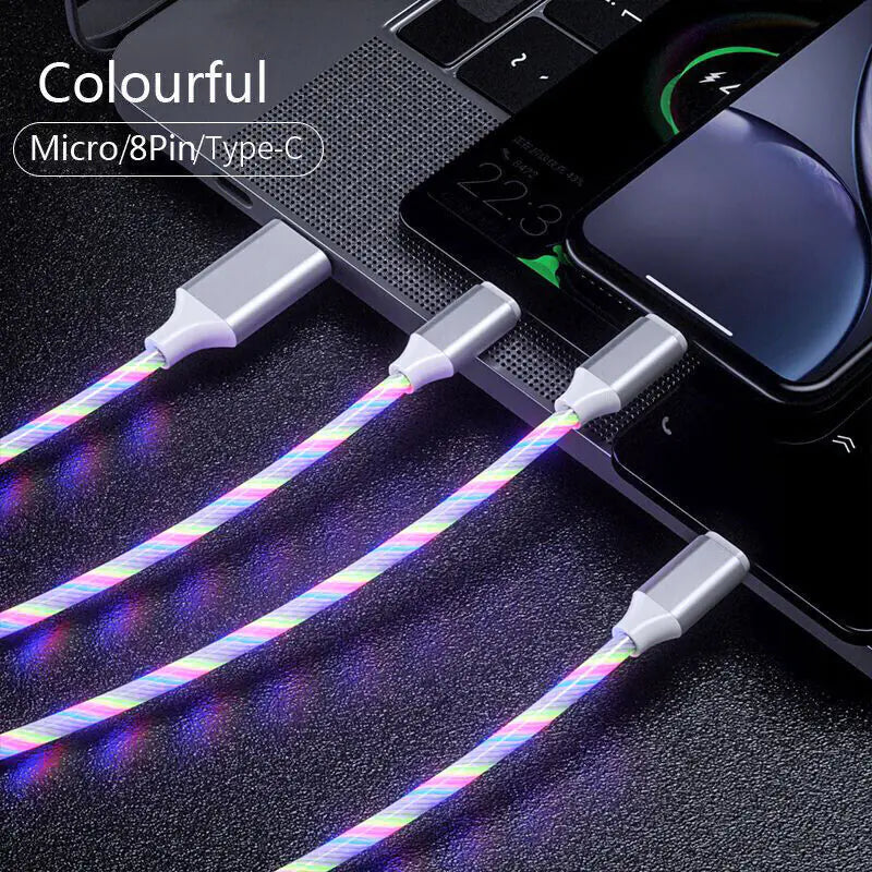 3 in 1 LED Fast Charging Cable Adapter For iPhone Micro USB Type C Charger Cord